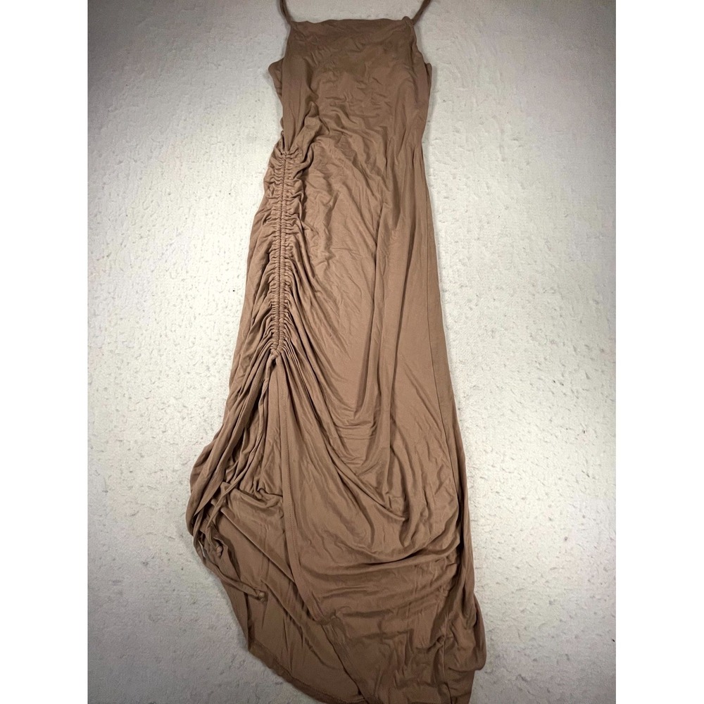 Lulus Ruched Maxi Dress Womens Medium Tan Rayon Stretch Nude Bodycon Sleeveless